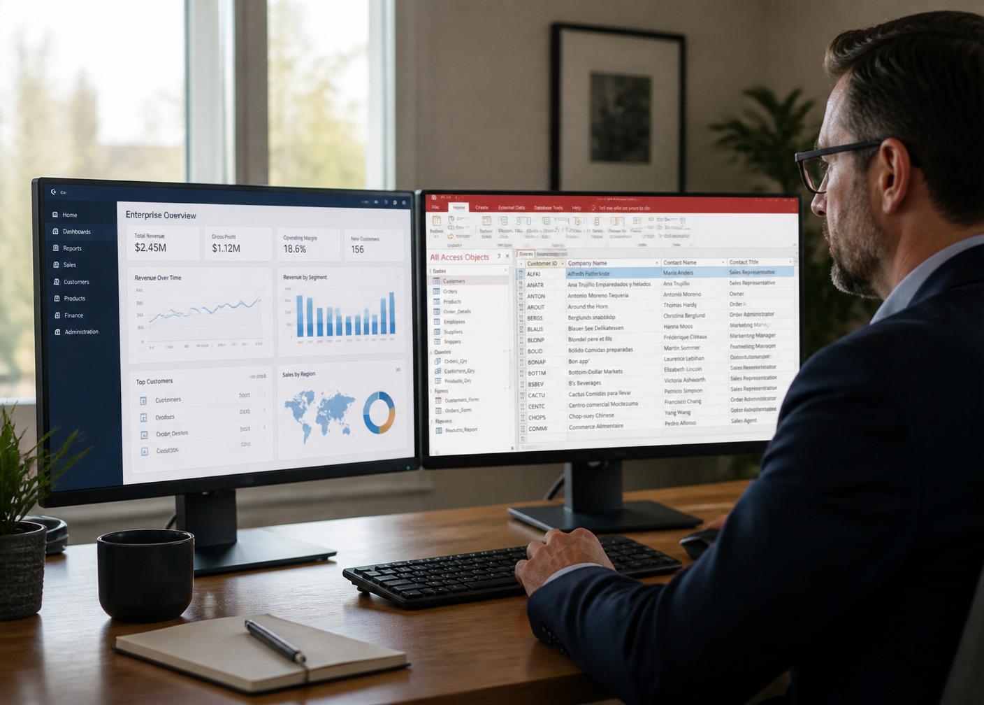 Microsoft Access panels expanding into a larger Oracle Apex-style enterprise dashboard